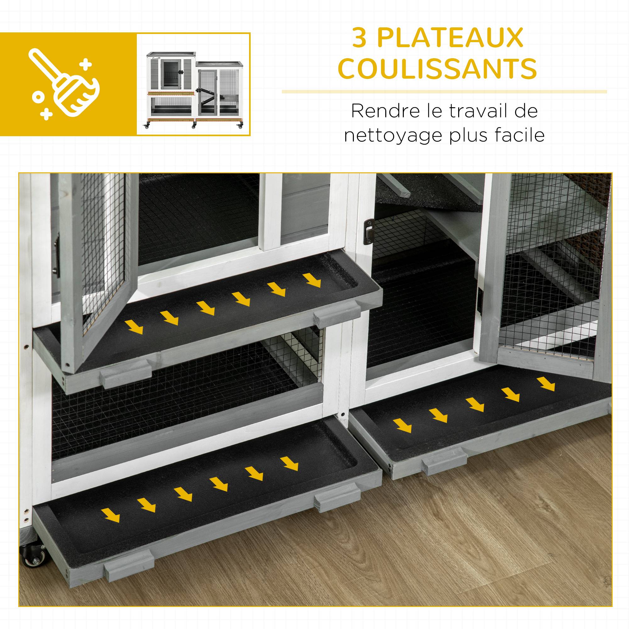 Clapier à lapins bois intérieur design de luxe 3 niveaux sur roulettes gris - ComfortXL Outdoor Living - Image 8