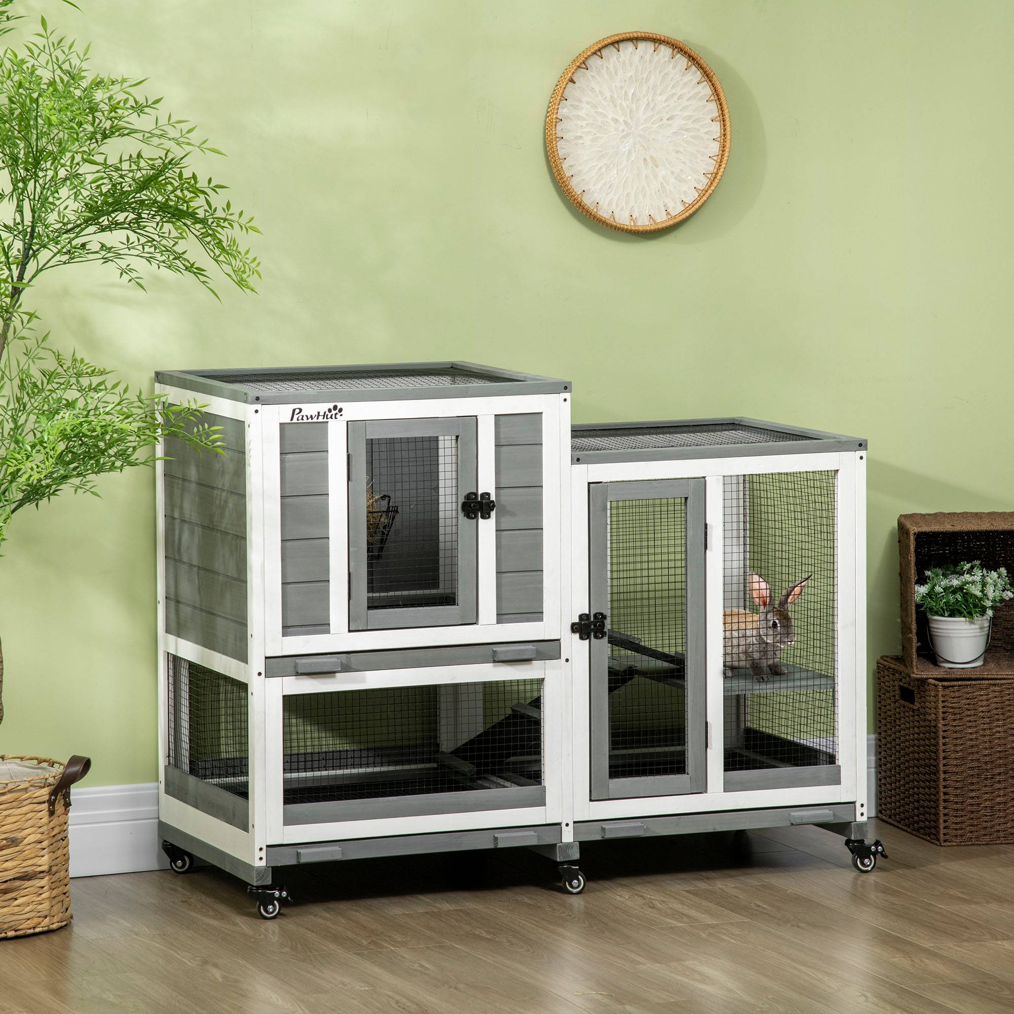 Clapier à lapins bois intérieur design de luxe 3 niveaux sur roulettes gris - ComfortXL Outdoor Living - Image 3