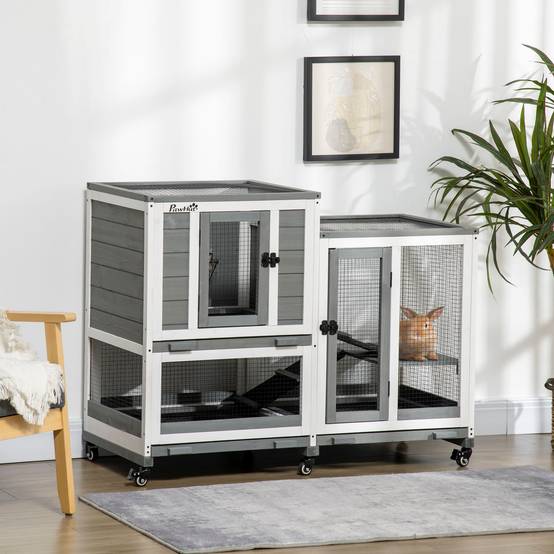 Clapier à lapins bois intérieur design de luxe 3 niveaux sur roulettes gris - ComfortXL Outdoor Living - Image 4