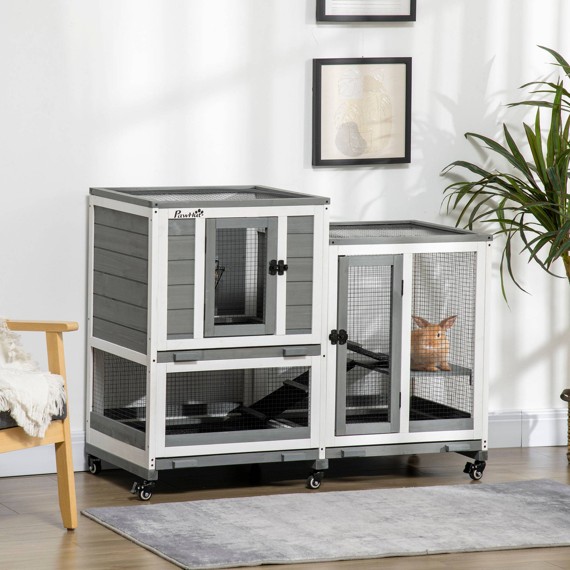 Clapier à lapins bois intérieur design de luxe 3 niveaux sur roulettes gris - ComfortXL Outdoor Living - Image 4