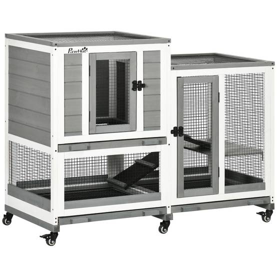Clapier à lapins bois intérieur design de luxe 3 niveaux sur roulettes gris - ComfortXL Outdoor Living - Image 1