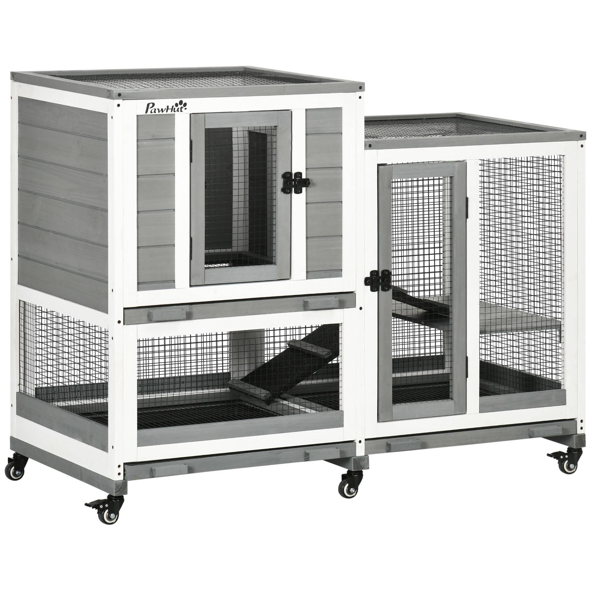 Clapier à lapins bois intérieur design de luxe 3 niveaux sur roulettes gris - ComfortXL Outdoor Living - Image 1