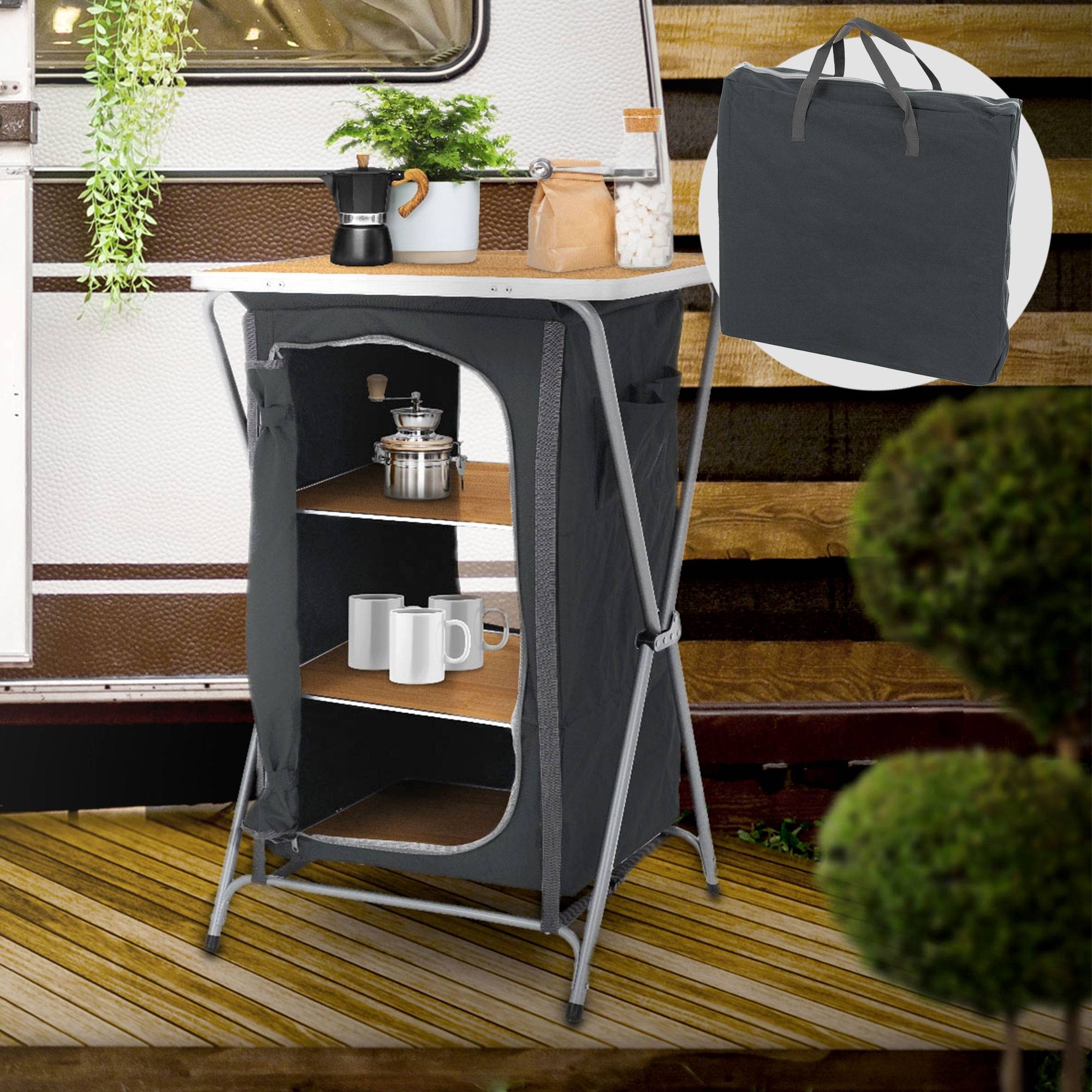 Ecd-Germany - Armoire de Camping Pliable, 60x97,5x53 cm, Structure en Aluminium, Aspect Bois, Portable, 3 Étagères - Imagen 2