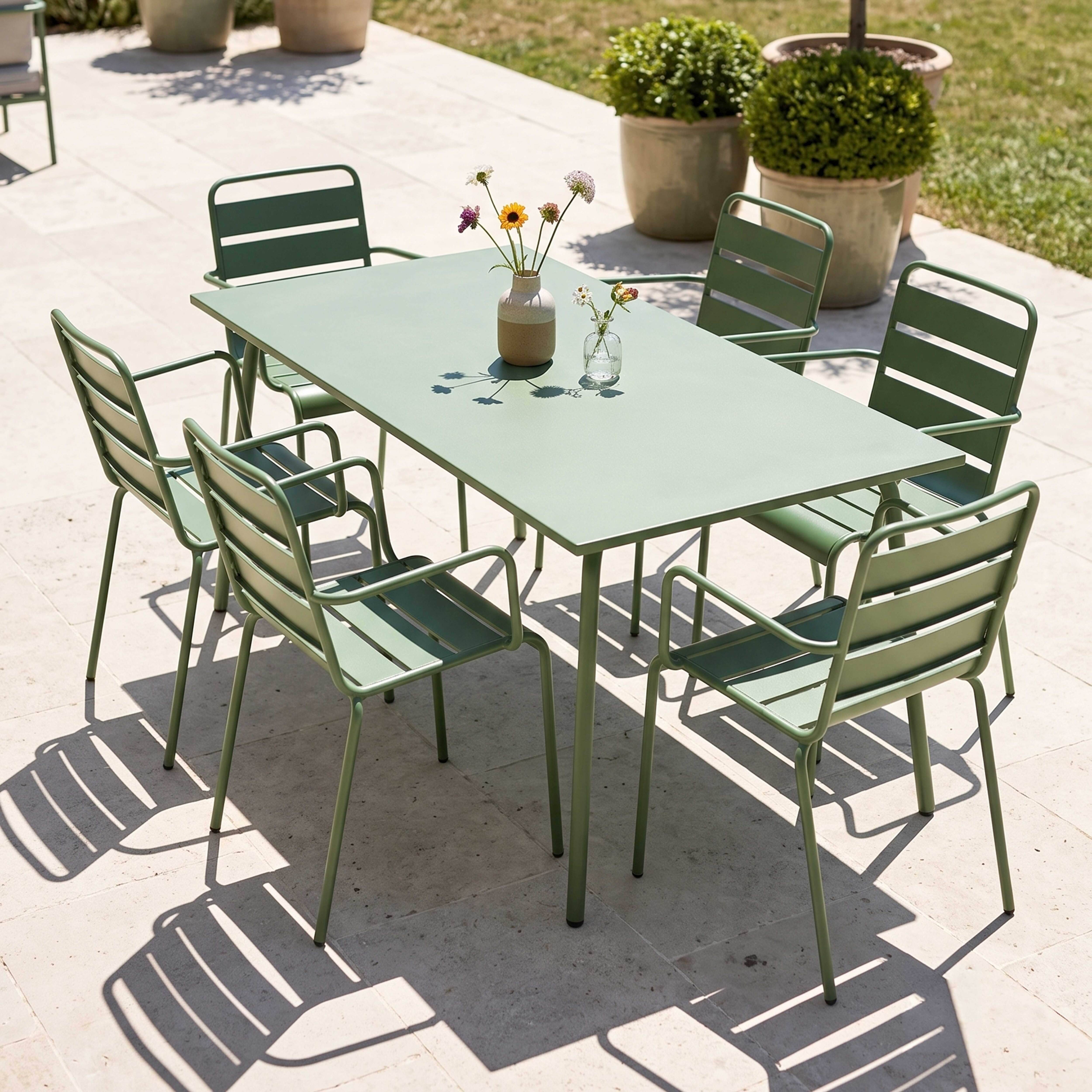 Oviala - Ensemble table de jardin et 6 fauteuils en métal vert cactus Palavas - Oviala - Imagen 2