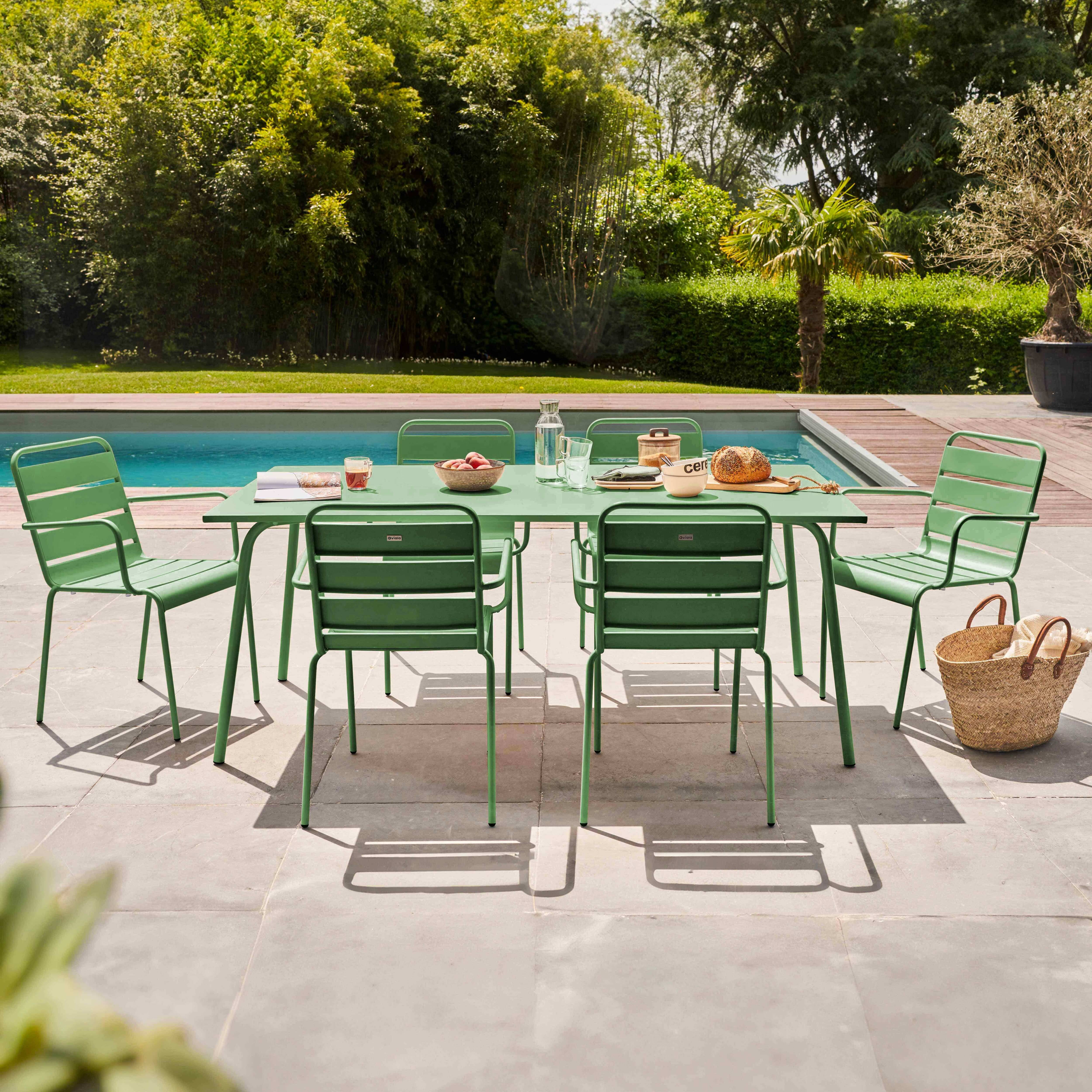 Oviala - Ensemble table de jardin et 6 fauteuils en métal vert cactus Palavas - Oviala - Image 2