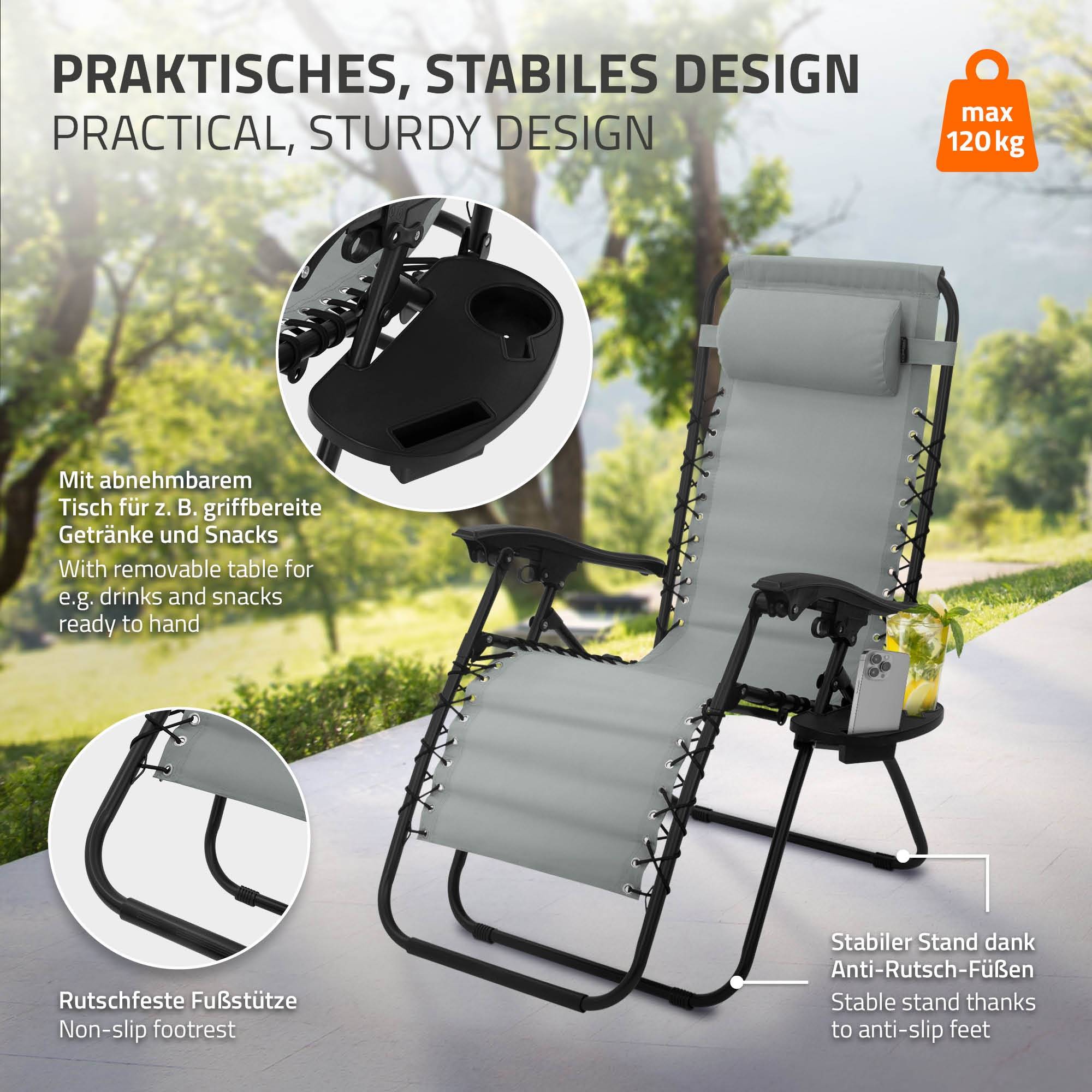 Ecd-Germany - Chaise Longue avec Appui-Tête et Porte-Gobelet, Pliable, Gris, en Acier/Tissu Polyester Oxford, Bain de Soleil de Champing - Imagen 4