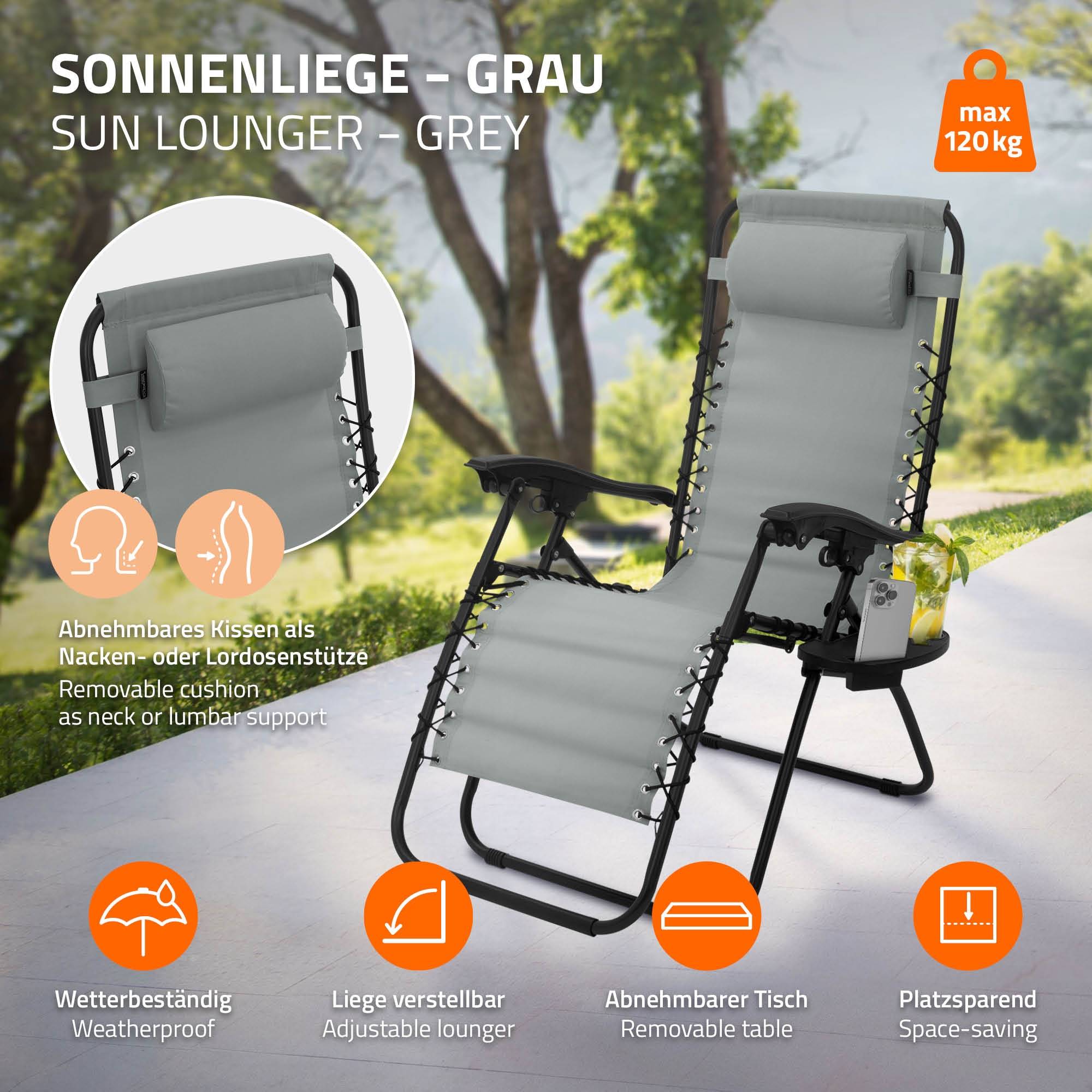 Ecd-Germany - Chaise Longue avec Appui-Tête et Porte-Gobelet, Pliable, Gris, en Acier/Tissu Polyester Oxford, Bain de Soleil de Champing - Imagen 3