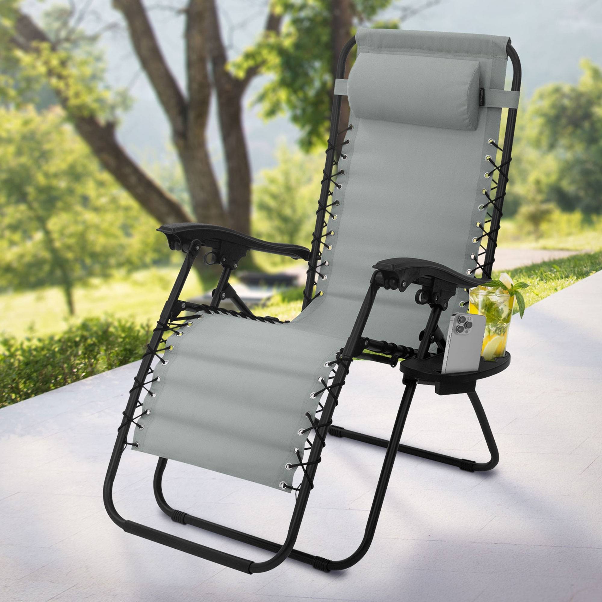 Ecd-Germany - Chaise Longue avec Appui-Tête et Porte-Gobelet, Pliable, Gris, en Acier/Tissu Polyester Oxford, Bain de Soleil de Champing - Imagen 2