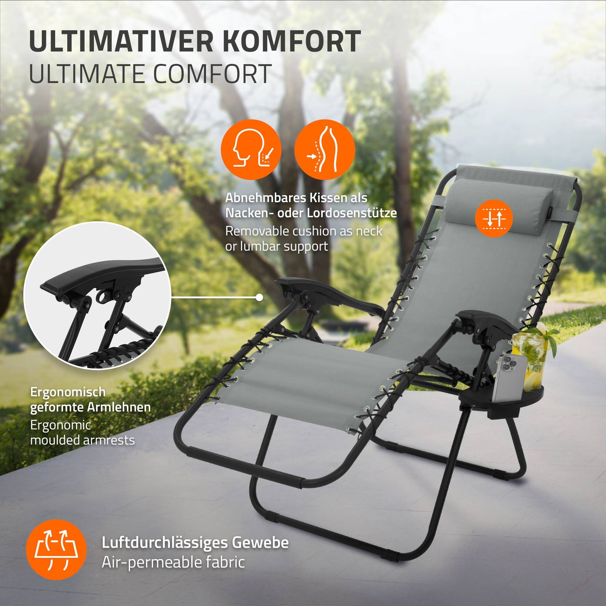 Ecd-Germany - Chaise Longue avec Appui-Tête et Porte-Gobelet, Pliable, Gris, en Acier/Tissu Polyester Oxford, Bain de Soleil de Champing - Imagen 6