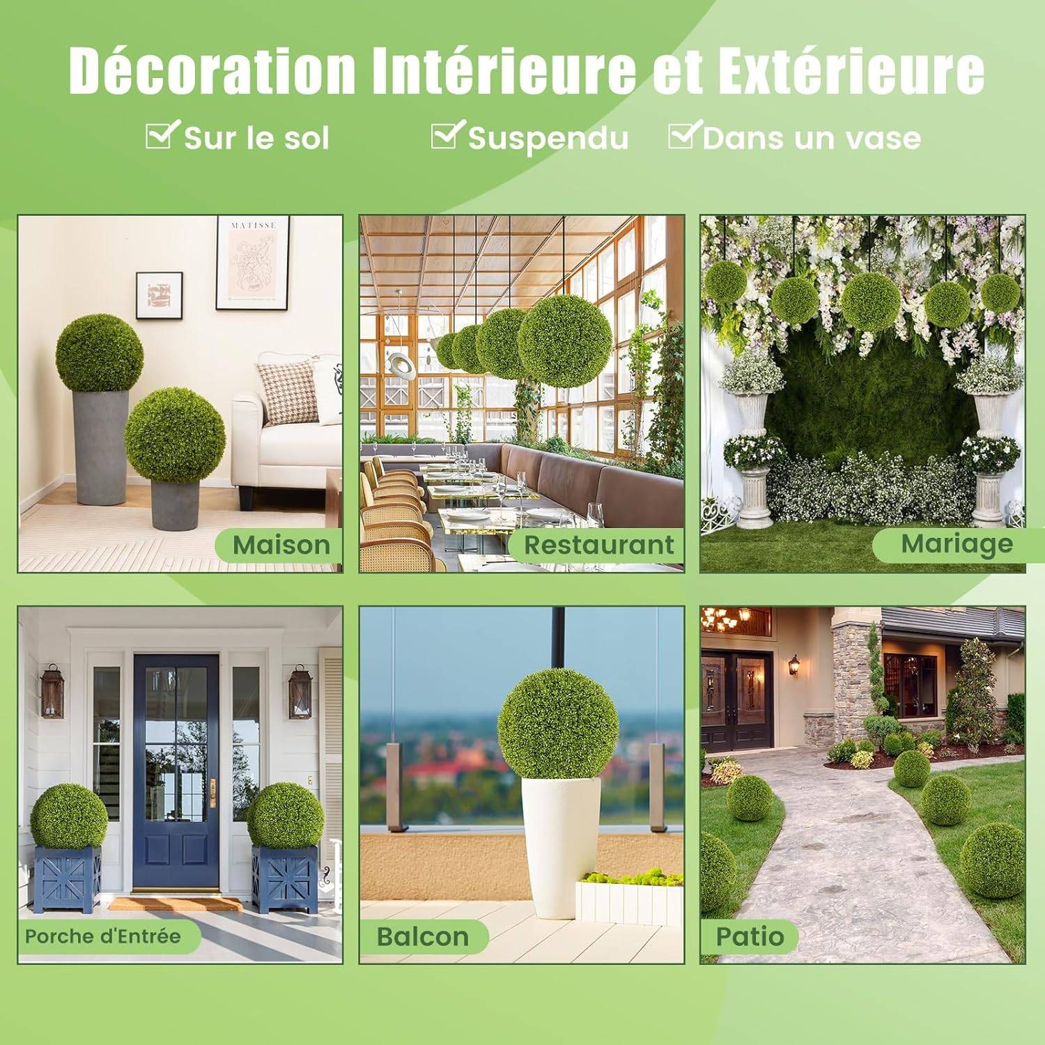 2 Boules de Buis Artificielles 50 cm Résistantes aux UV, Plantes en Boules de Faux Sphères Végétales, Vert - Image 7