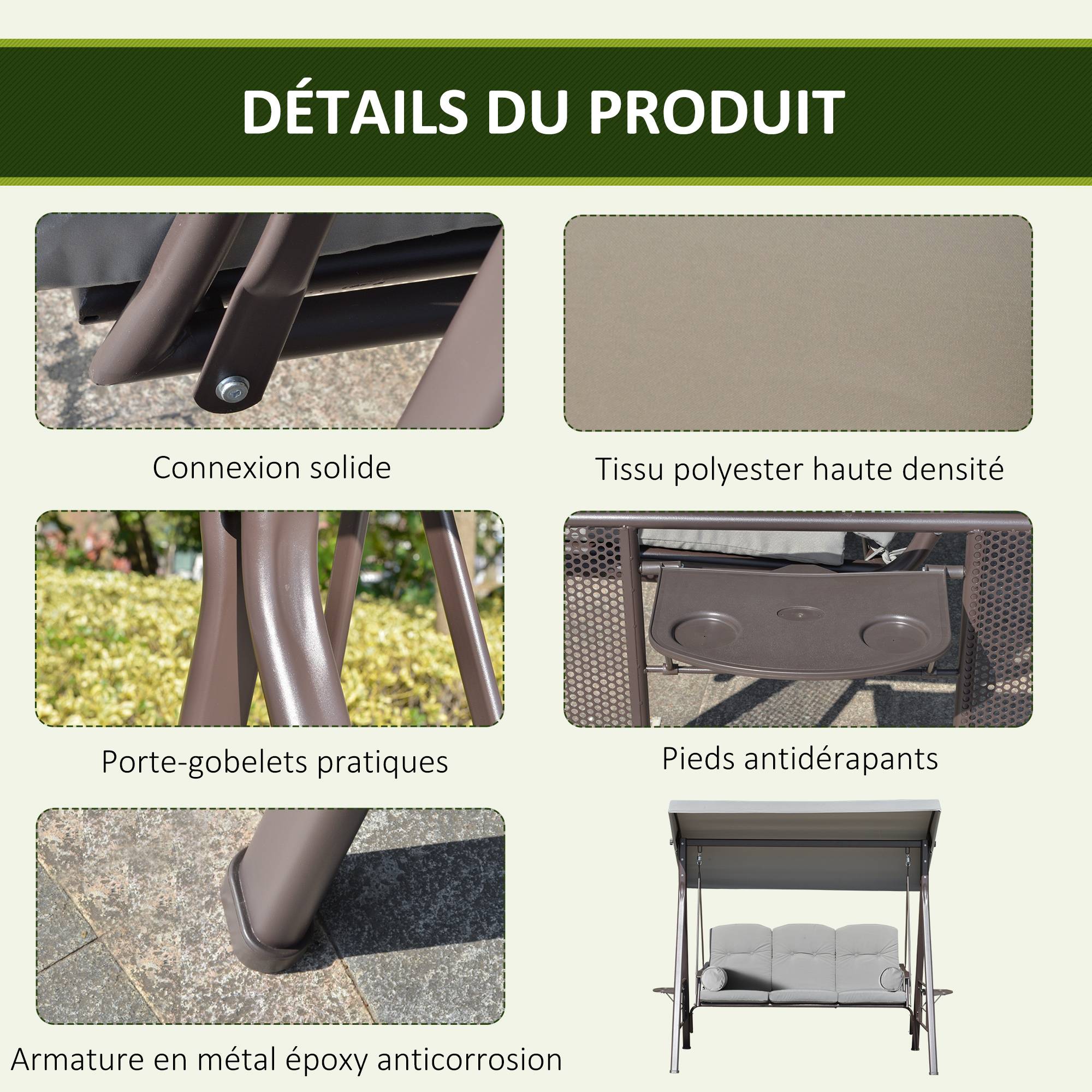 Balancelle de jardin 3 places métal terrasse toit inclinable 206cm gris - ComfortXL Outdoor Living - Image 7