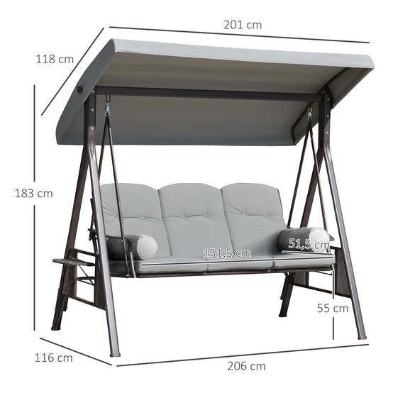 Balancelle de jardin 3 places métal terrasse toit inclinable 206cm gris - ComfortXL Outdoor Living - Image 5
