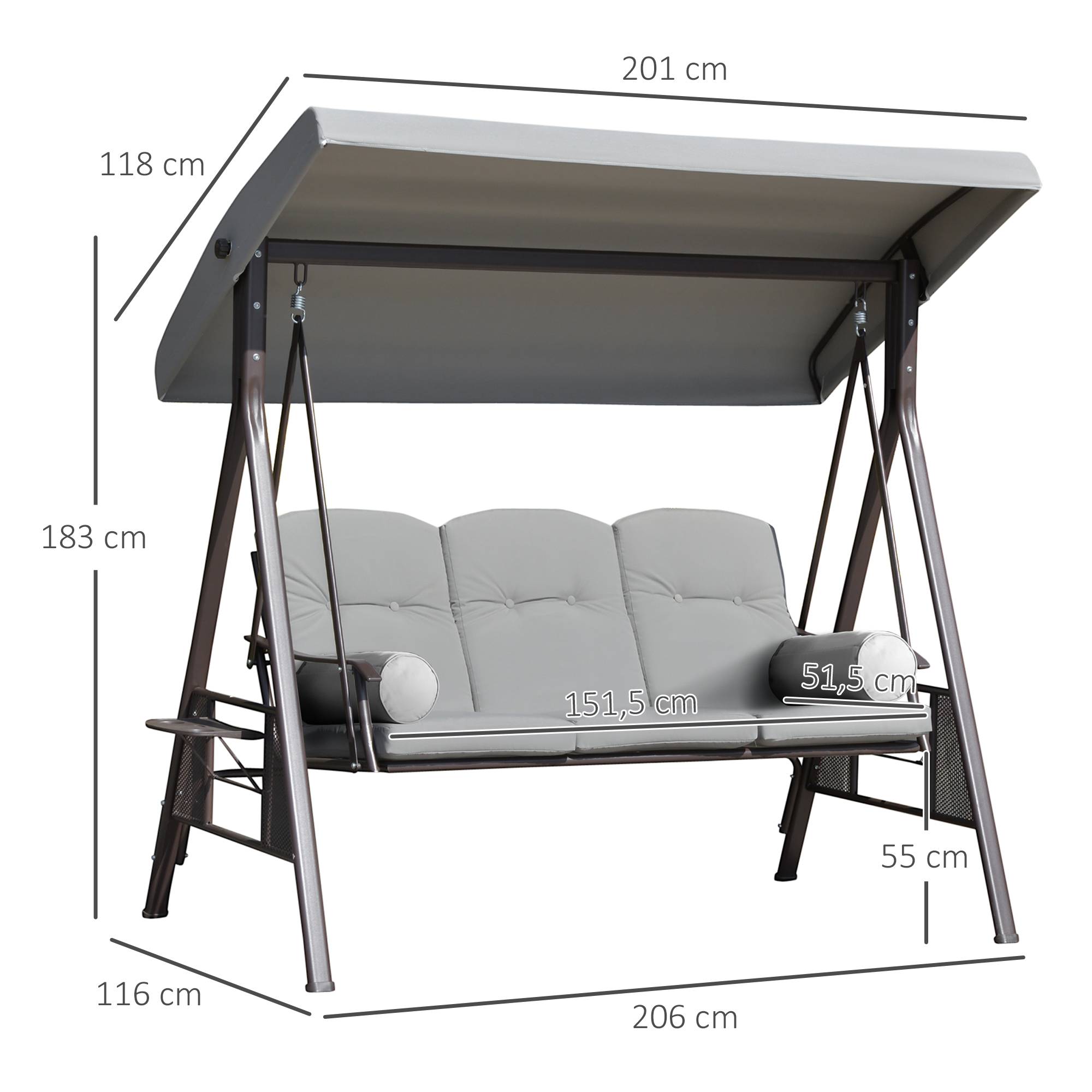 Balancelle de jardin 3 places métal terrasse toit inclinable 206cm gris - ComfortXL Outdoor Living - Image 5
