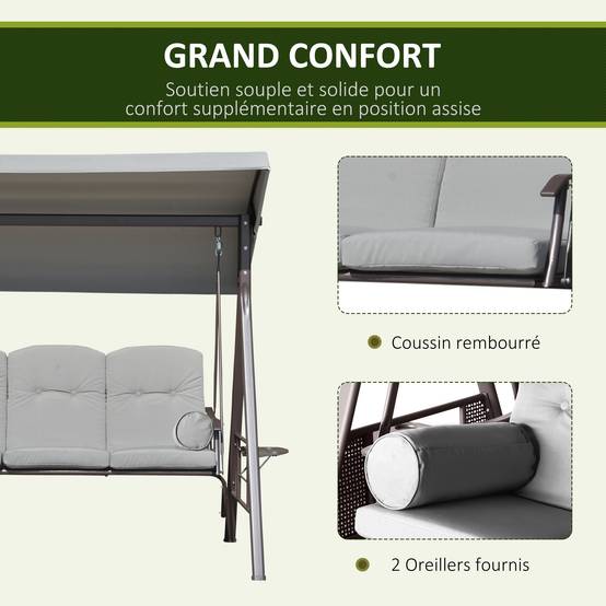 Balancelle de jardin 3 places métal terrasse toit inclinable 206cm gris - ComfortXL Outdoor Living - Image 8