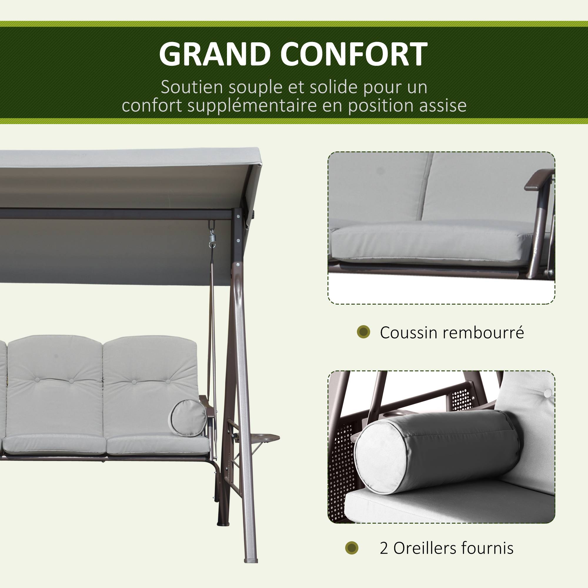 Balancelle de jardin 3 places métal terrasse toit inclinable 206cm gris - ComfortXL Outdoor Living - Image 8