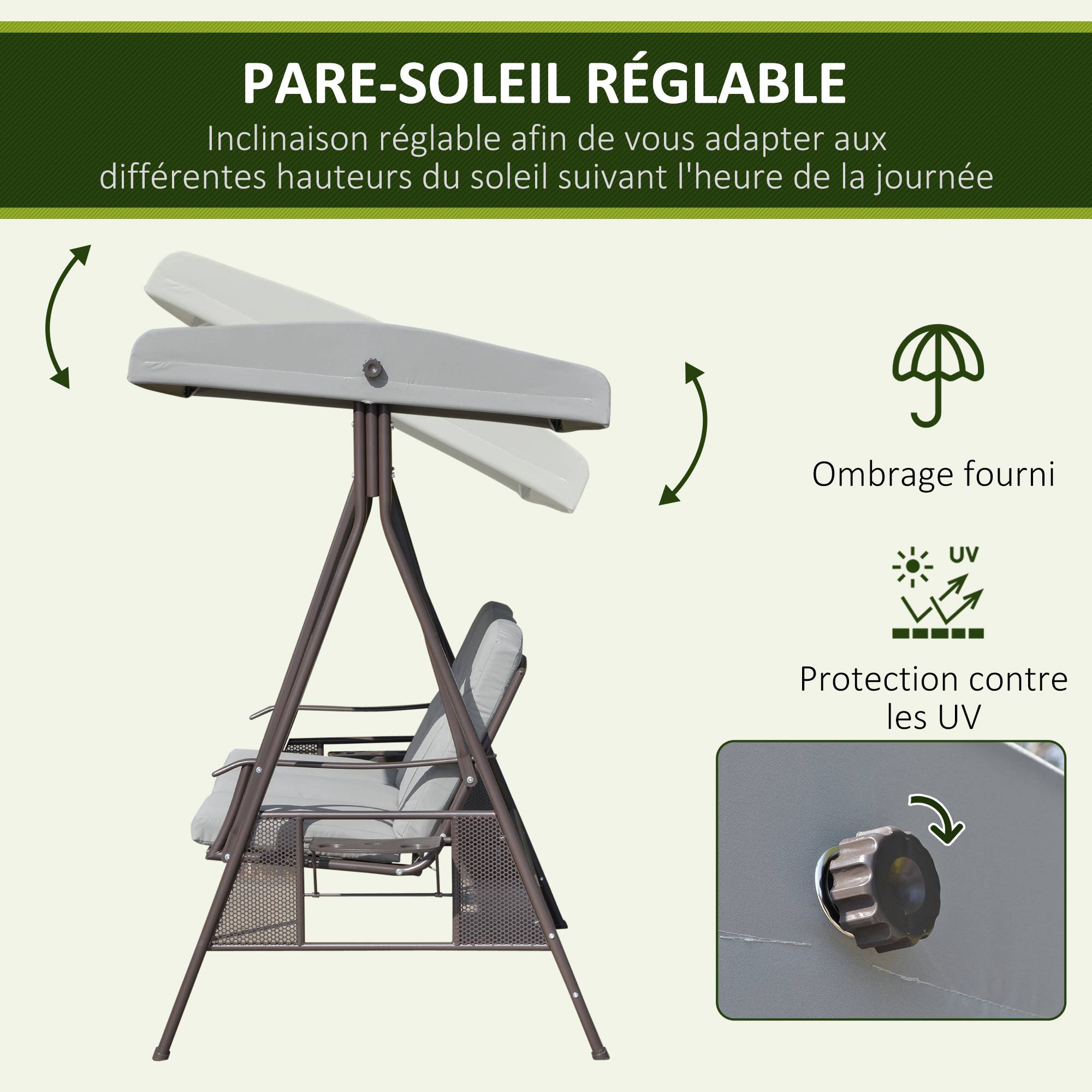Balancelle de jardin 3 places métal terrasse toit inclinable 206cm gris - ComfortXL Outdoor Living - Image 6