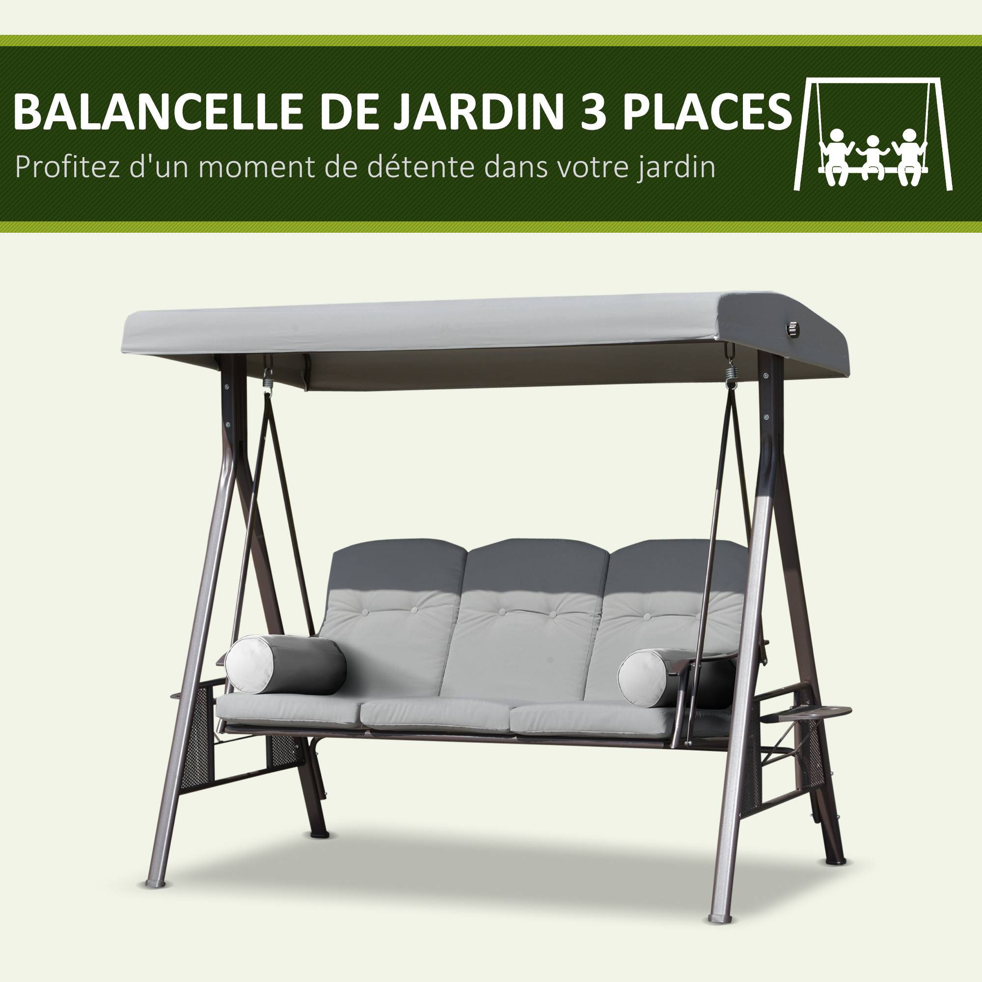 Balancelle de jardin 3 places métal terrasse toit inclinable 206cm gris - ComfortXL Outdoor Living - Image 9