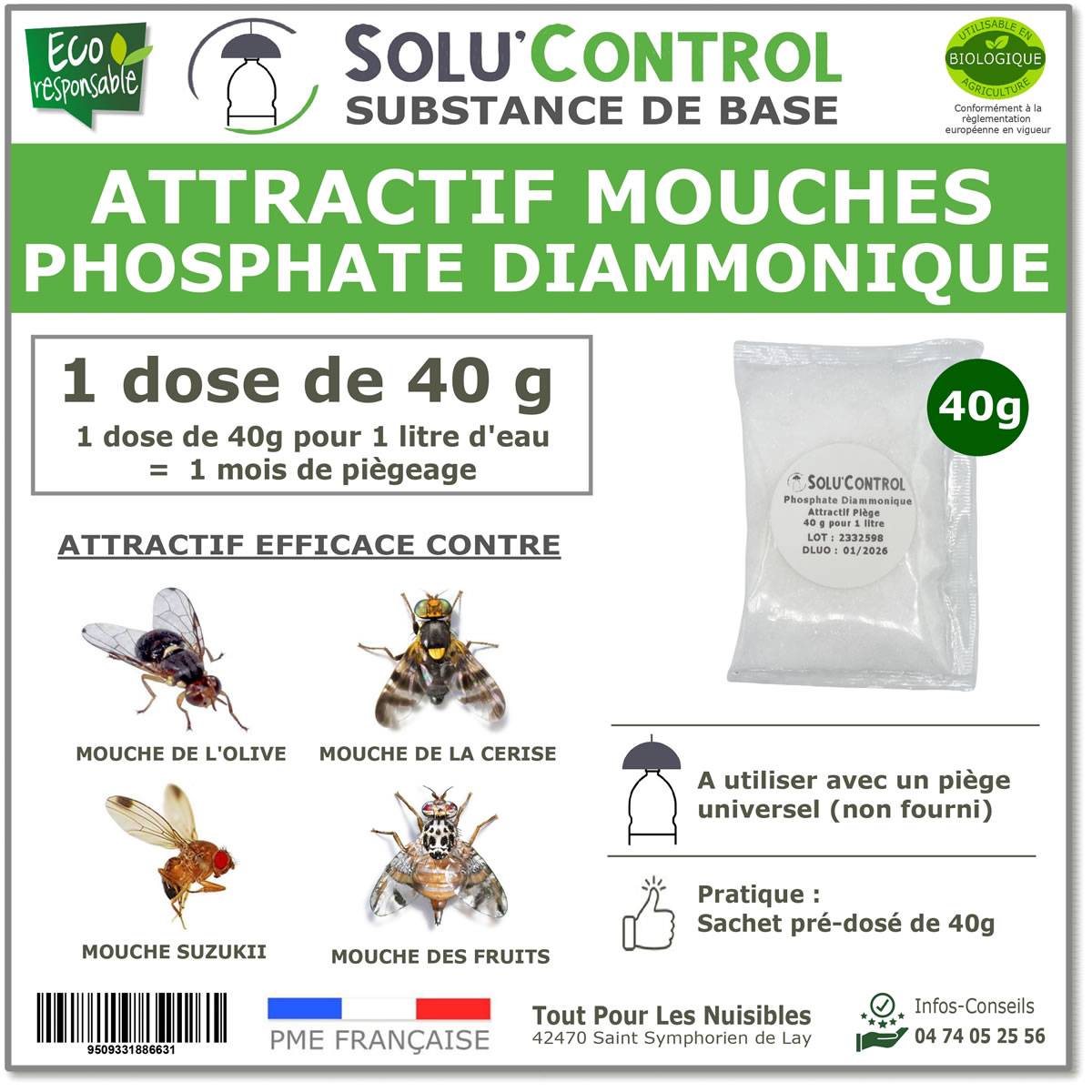 SOLU'CONTROL - Phosphate Diammonique, appât naturel contre les mouches des fruits - Sachet de 40g - Image 1
