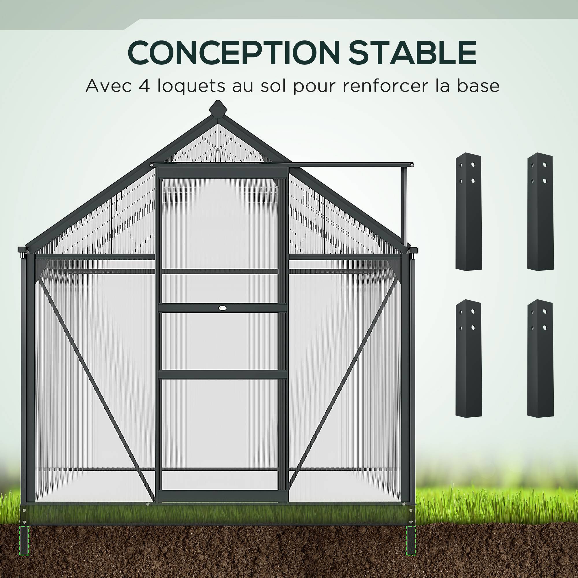 Outsunny - Serre de jardin alu polycarbonate 3,65m² - 1,9x1,92x2,01m - lucarne porte coulissante fondation incluse - Outsunny - Image 7