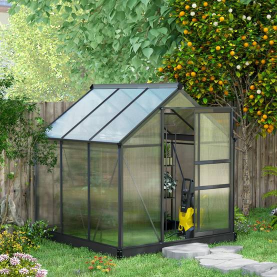 Outsunny - Serre de jardin alu polycarbonate 3,65m² - 1,9x1,92x2,01m - lucarne porte coulissante fondation incluse - Outsunny - Image 4