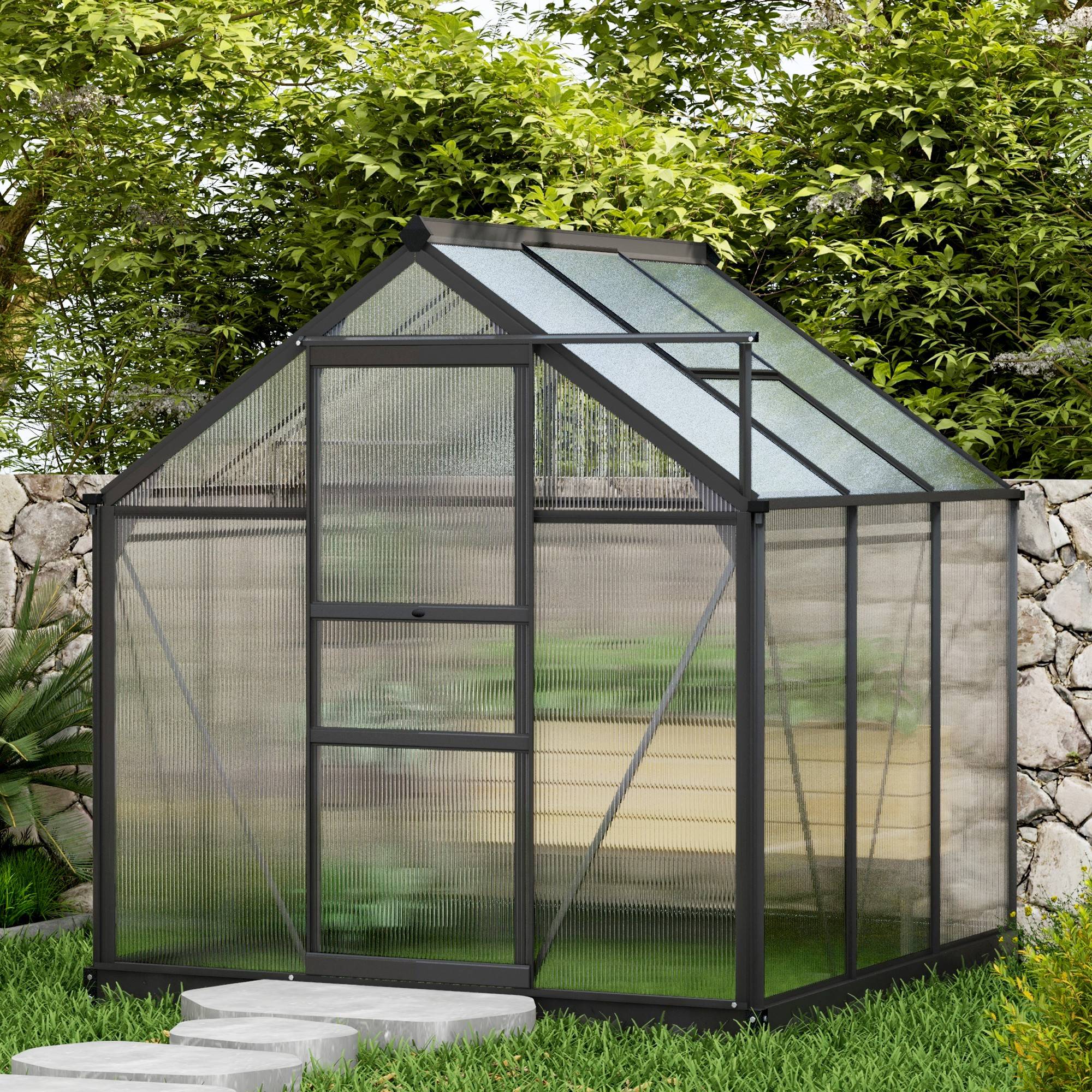 Outsunny - Serre de jardin alu polycarbonate 3,65m² - 1,9x1,92x2,01m - lucarne porte coulissante fondation incluse - Outsunny - Image 2