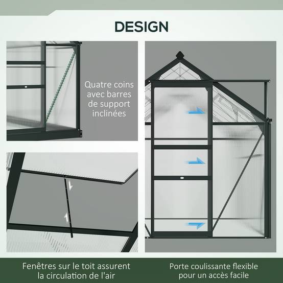 Outsunny - Serre de jardin alu polycarbonate 3,65m² - 1,9x1,92x2,01m - lucarne porte coulissante fondation incluse - Outsunny - Image 5