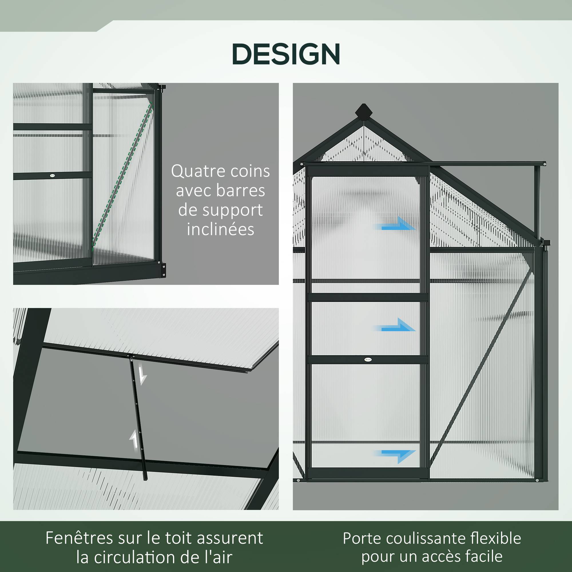 Outsunny - Serre de jardin alu polycarbonate 3,65m² - 1,9x1,92x2,01m - lucarne porte coulissante fondation incluse - Outsunny - Image 5