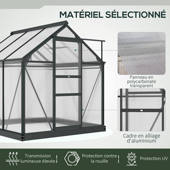 Outsunny - Serre de jardin alu polycarbonate 3,65m² - 1,9x1,92x2,01m - lucarne porte coulissante fondation incluse - Outsunny - Image 6