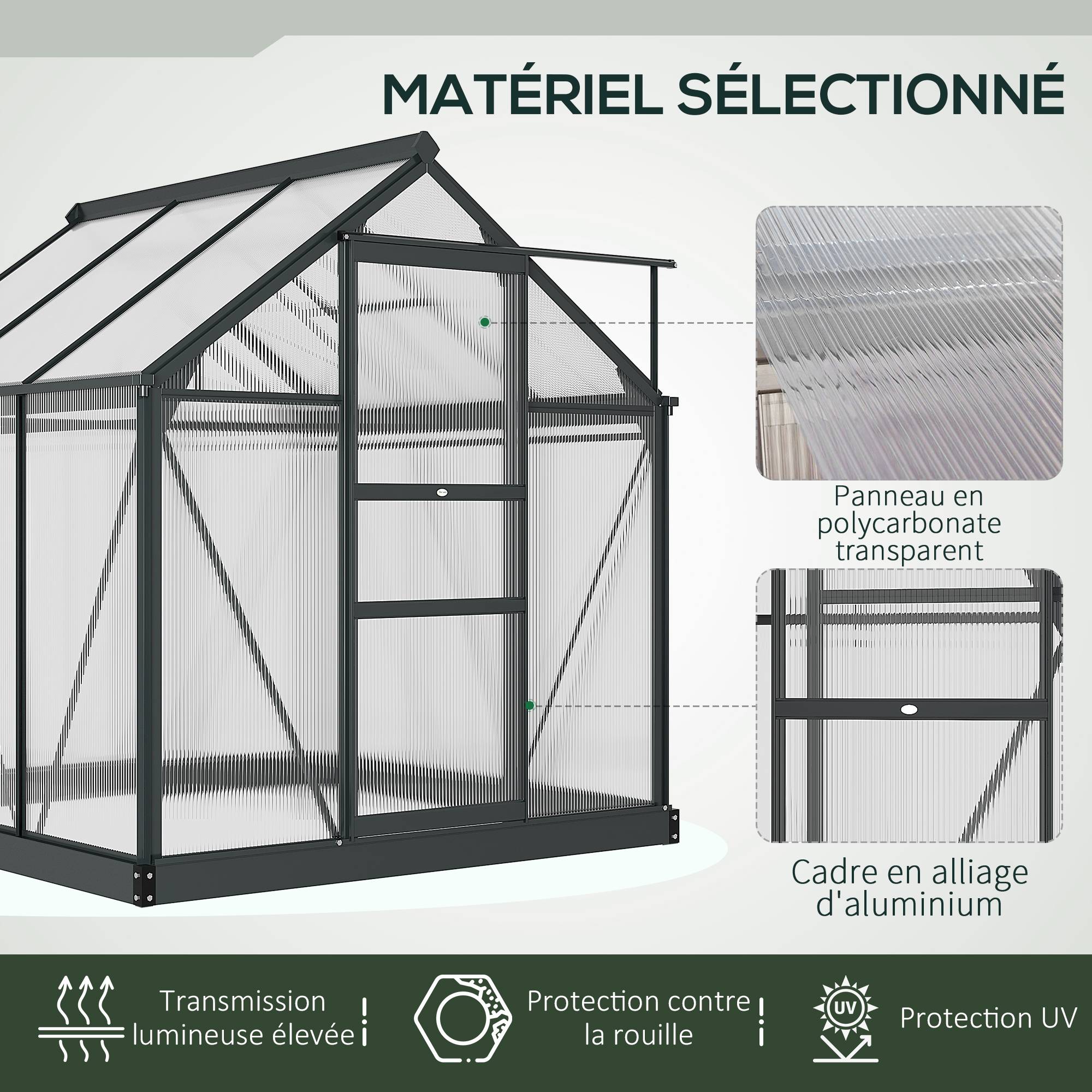 Outsunny - Serre de jardin alu polycarbonate 3,65m² - 1,9x1,92x2,01m - lucarne porte coulissante fondation incluse - Outsunny - Image 6