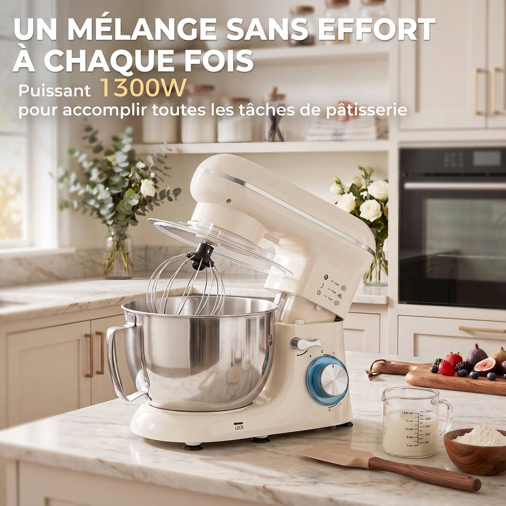 Robot pâtissier 1300W, pétrin pro 4,5L bol inox, vitesses 6+P et fonction pulse, beige - Image 6