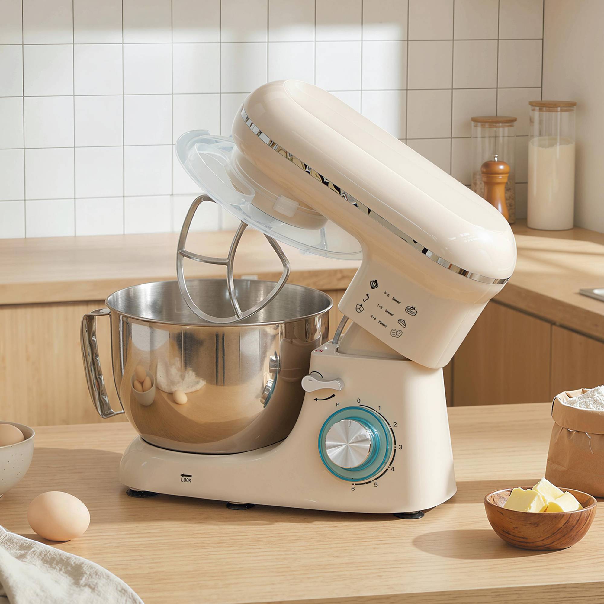Robot pâtissier 1300W, pétrin pro 4,5L bol inox, vitesses 6+P et fonction pulse, beige - Image 4