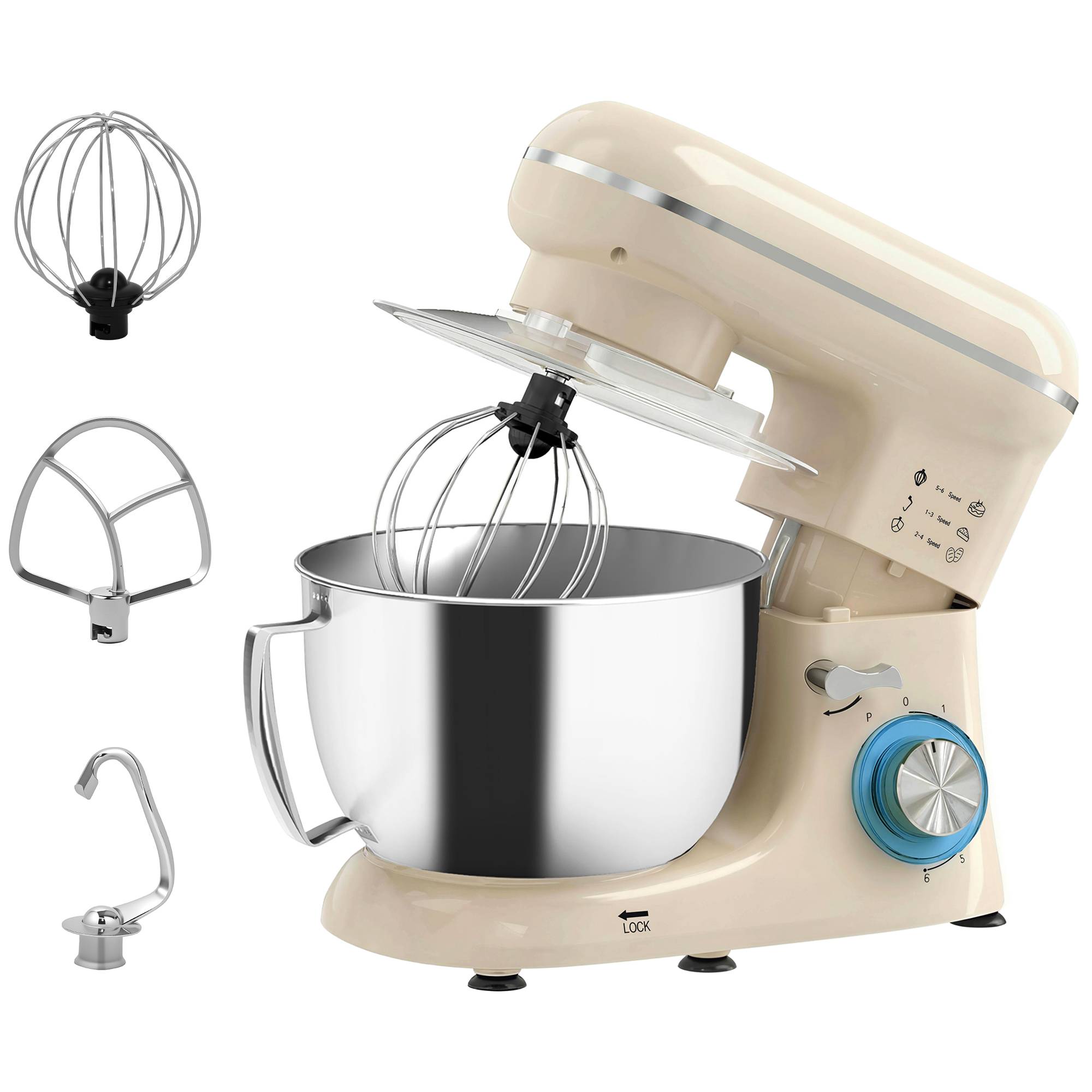Robot pâtissier 1300W, pétrin pro 4,5L bol inox, vitesses 6+P et fonction pulse, beige - Image 1