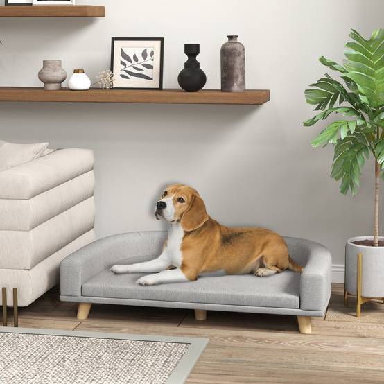 Canapé pour chien grand lit surélevé pour chien coussin lavable cadre en bois tissu polyester 98 x 67 x 25 cm gris - Image 3