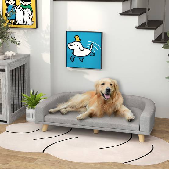 Canapé pour chien grand lit surélevé pour chien coussin lavable cadre en bois tissu polyester 98 x 67 x 25 cm gris - Image 4