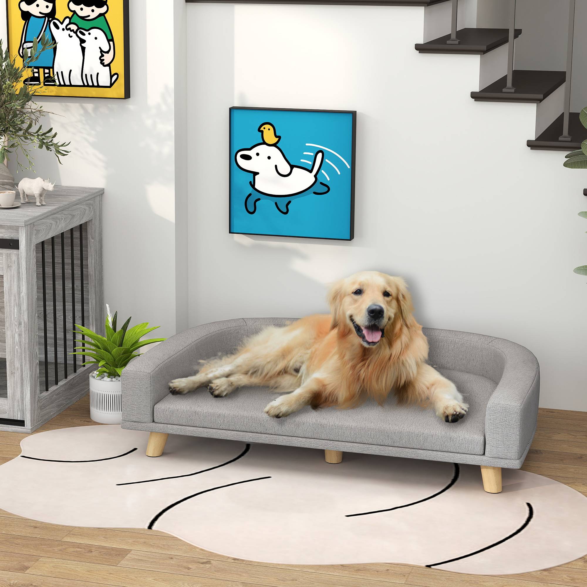 Canapé pour chien grand lit surélevé pour chien coussin lavable cadre en bois tissu polyester 98 x 67 x 25 cm gris - Image 4