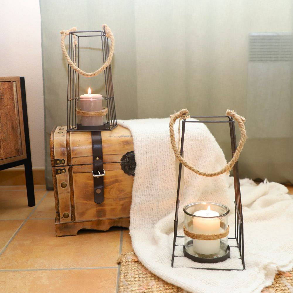 Set de 2 lanternes en métal noir et bois 20x20x45cm