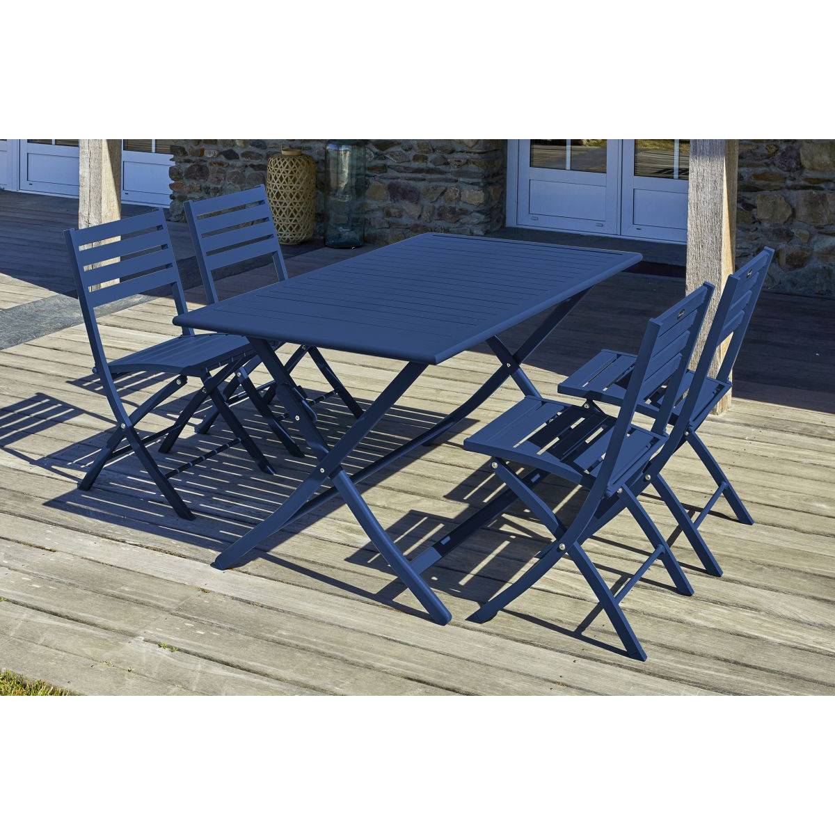Paris Prix - Table de Jardin Pliante & 4 Chaises "Marius" 140cm Bleu Marine - Imagen 6