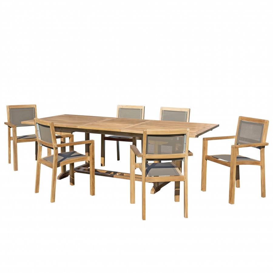 Macabane - HARRIS - SALON DE JARDIN EN BOIS TECK 8/10 pers - 1 Table rectangulaire extensible 180/240*100 cm - 6 fauteuils empilables taupe - Imagen 1