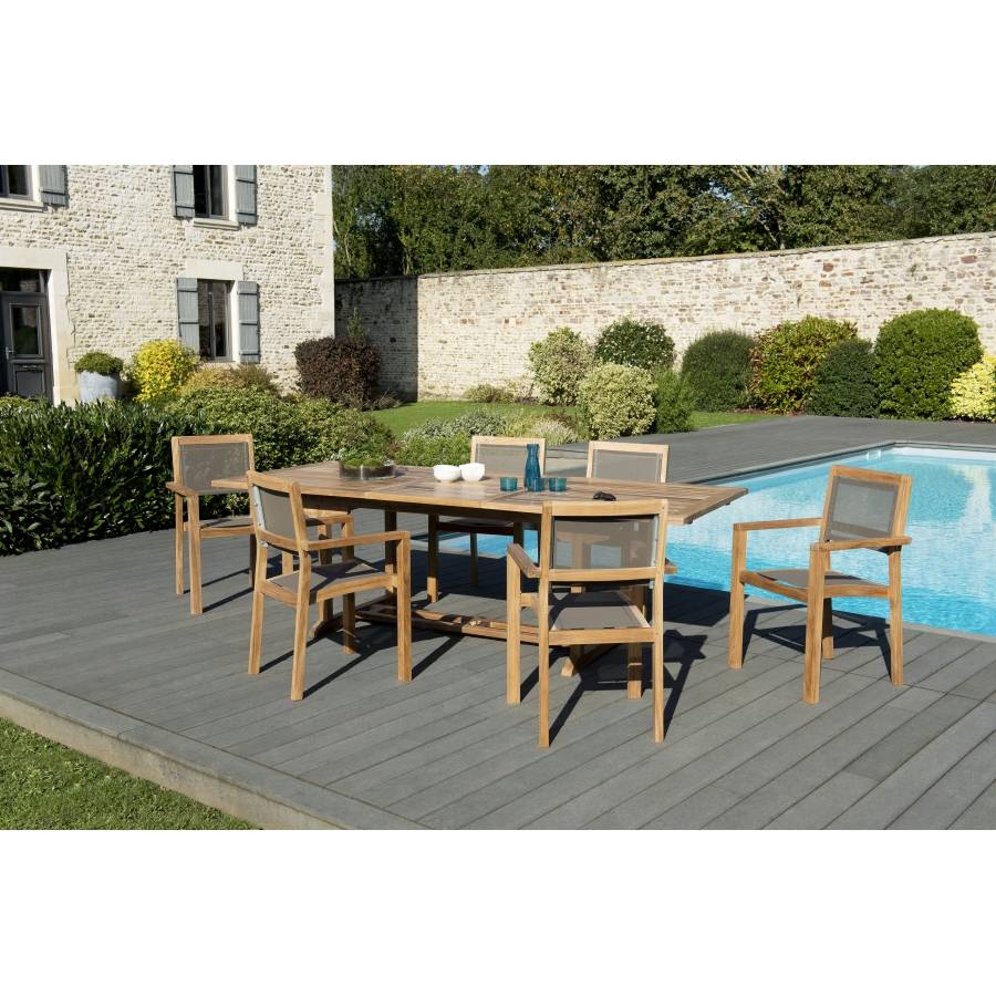 Macabane - HARRIS - SALON DE JARDIN EN BOIS TECK 8/10 pers - 1 Table rectangulaire extensible 180/240*100 cm - 6 fauteuils empilables taupe - Imagen 2