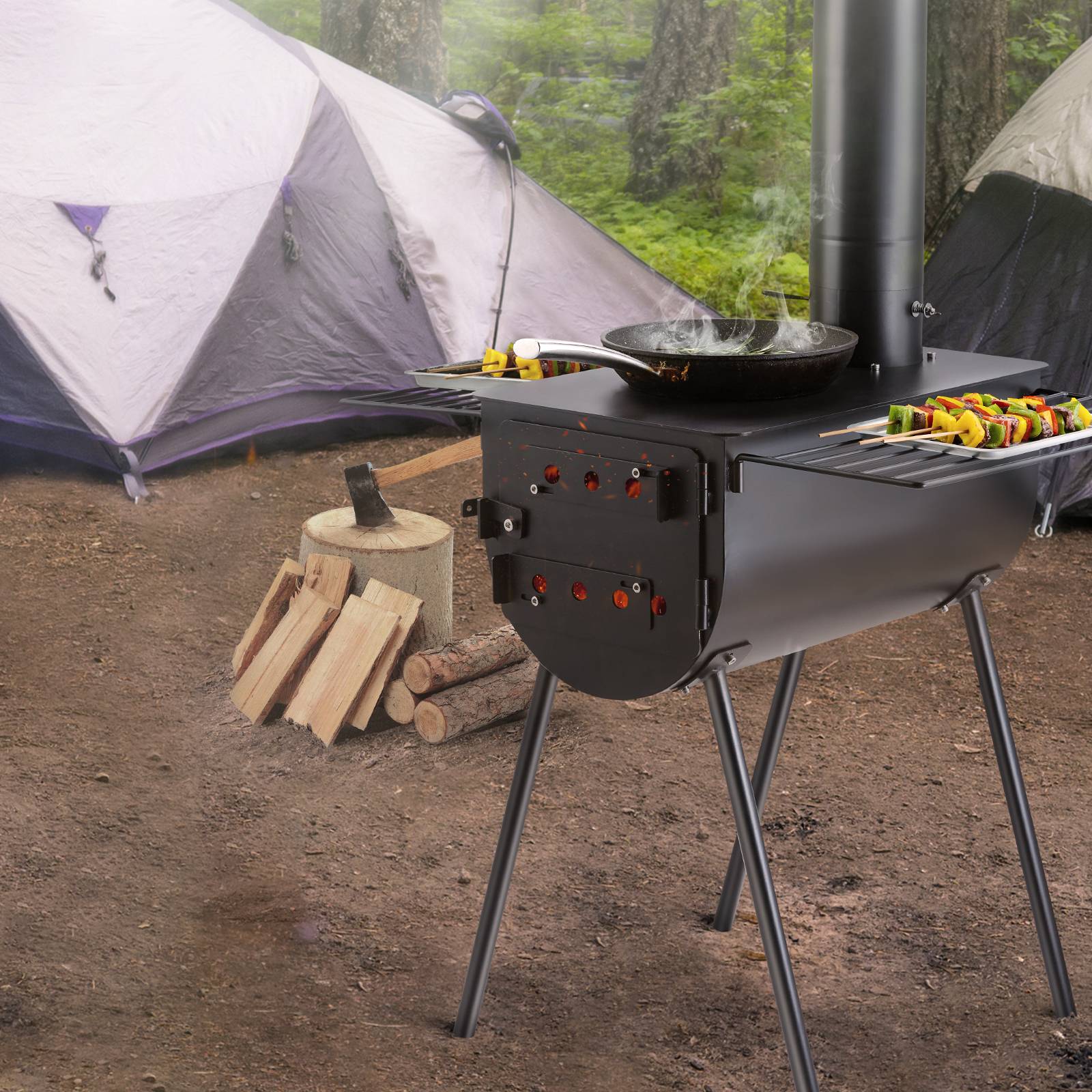 VEVOR Poêle à bois 118" acier allié portable, 8 tuyaux + gants, tente/camping/chauffage ext. - Image 8