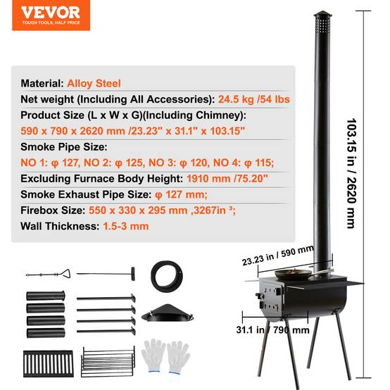 VEVOR Poêle à bois 118" acier allié portable, 8 tuyaux + gants, tente/camping/chauffage ext. - Image 7