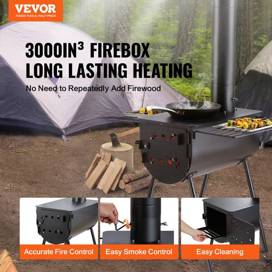 VEVOR Poêle à bois 118" acier allié portable, 8 tuyaux + gants, tente/camping/chauffage ext. - Image 2