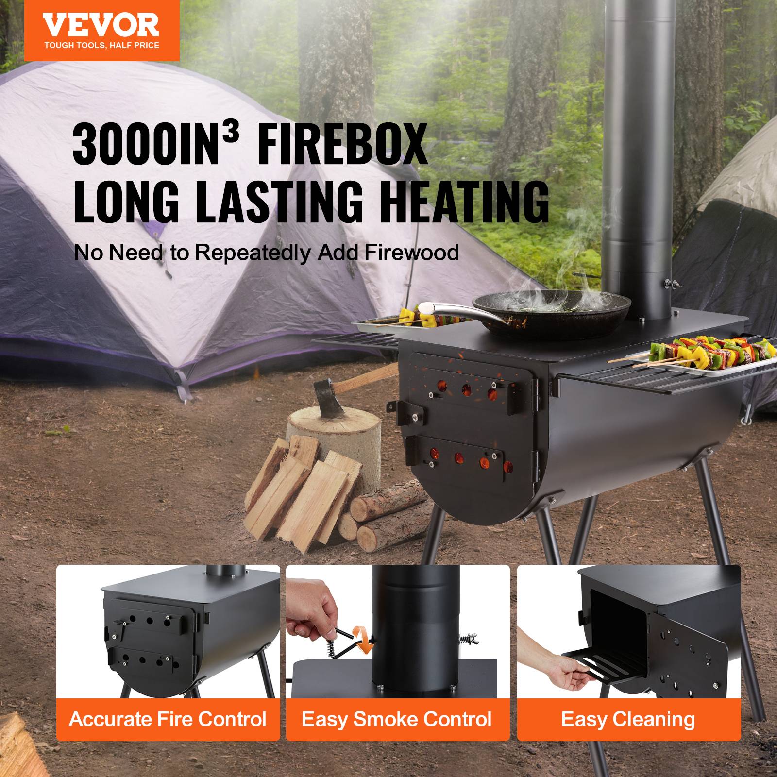 VEVOR Poêle à bois 118" acier allié portable, 8 tuyaux + gants, tente/camping/chauffage ext. - Image 2
