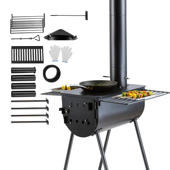 VEVOR Poêle à bois 118" acier allié portable, 8 tuyaux + gants, tente/camping/chauffage ext. - Image 1