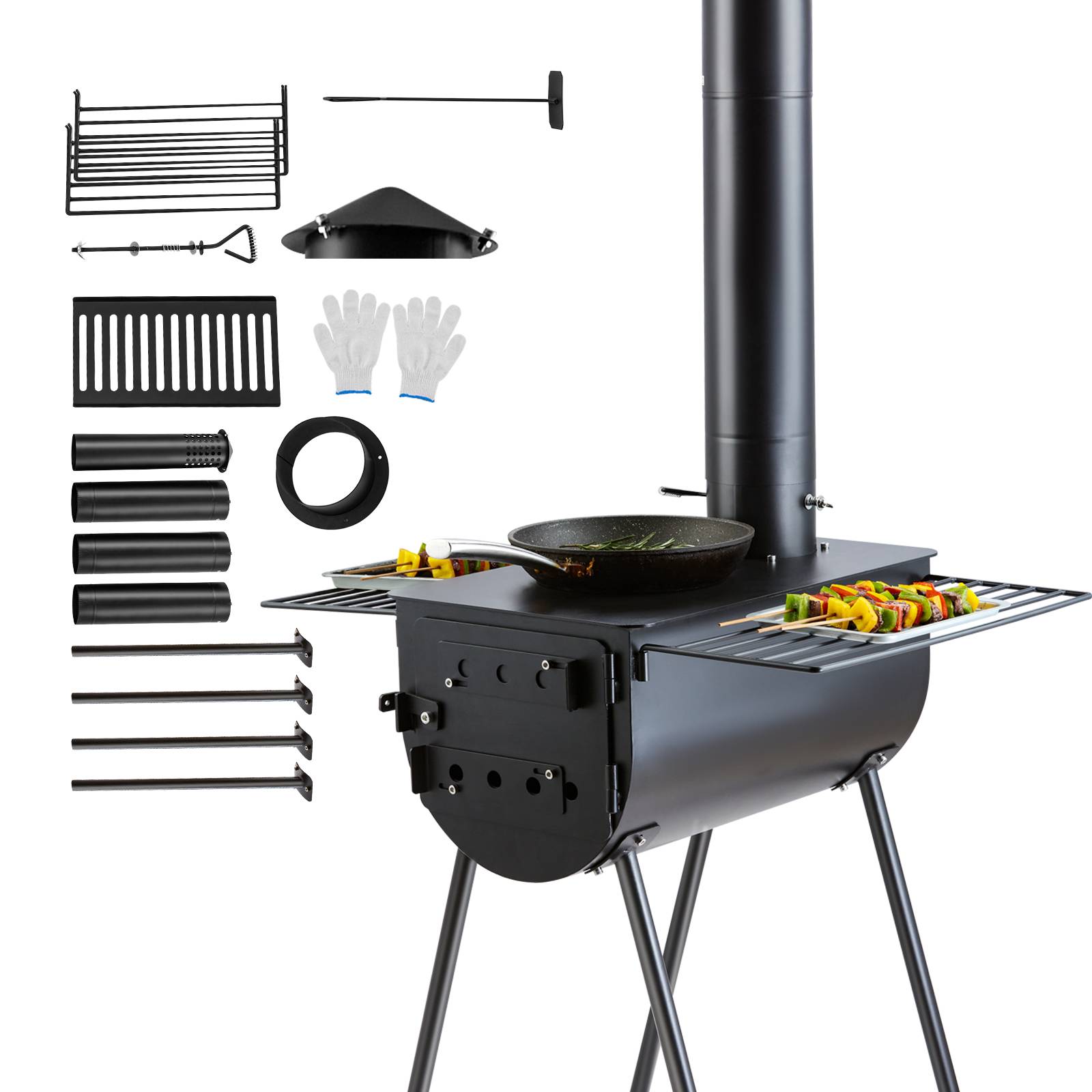 VEVOR Poêle à bois 118" acier allié portable, 8 tuyaux + gants, tente/camping/chauffage ext. - Image 1