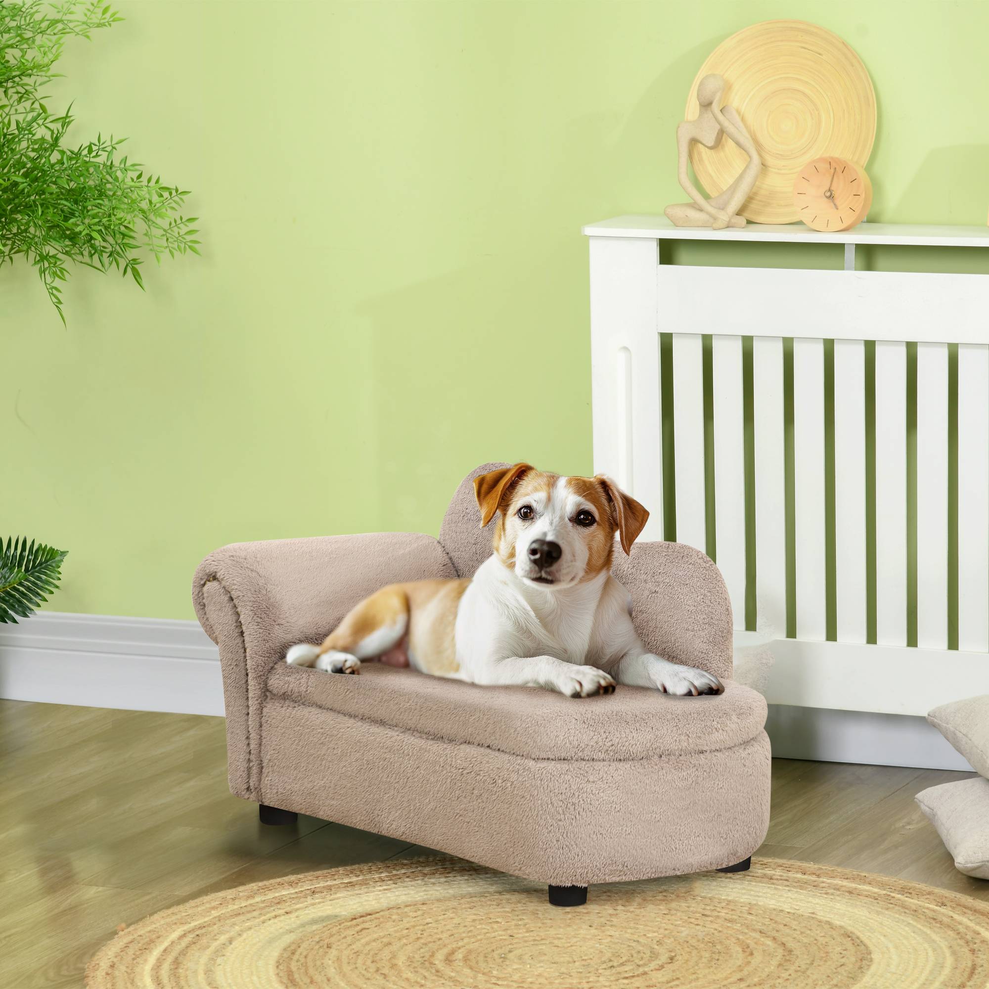 Canapé surélevé chien bois effet velours intérieur coffre intégré beige 80x40x46cm - ComfortXL Outdoor Living - Image 4