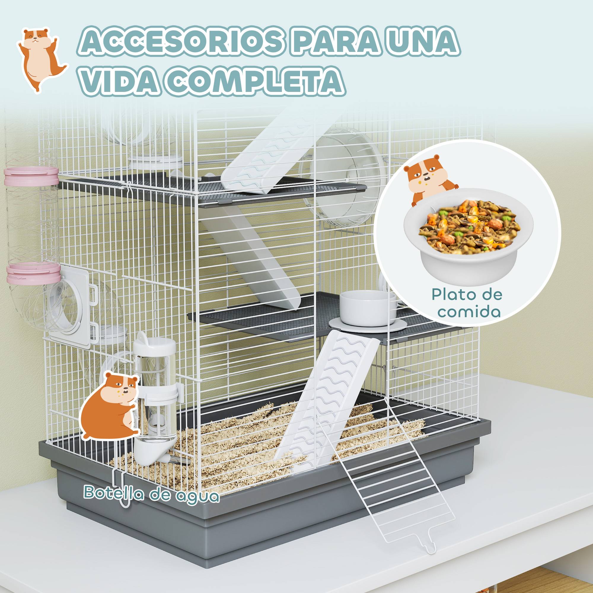 Cage pour hamster avec tunnel, plateformes, gamelle, biberon, maisonnette, rampes et roue d'exercice, 47 x 30 x 70 cm, grise - Image 8