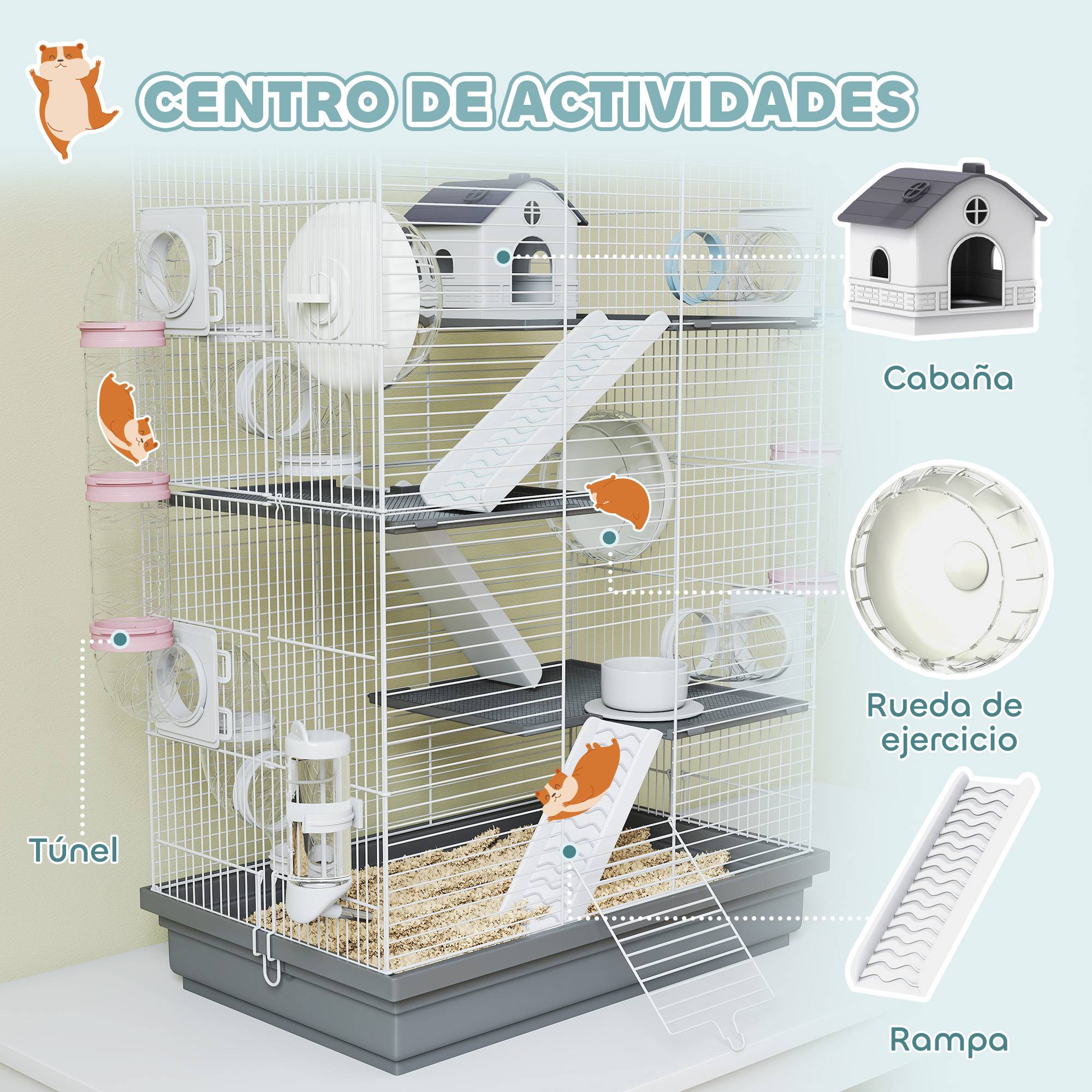 Cage pour hamster avec tunnel, plateformes, gamelle, biberon, maisonnette, rampes et roue d'exercice, 47 x 30 x 70 cm, grise - Image 6