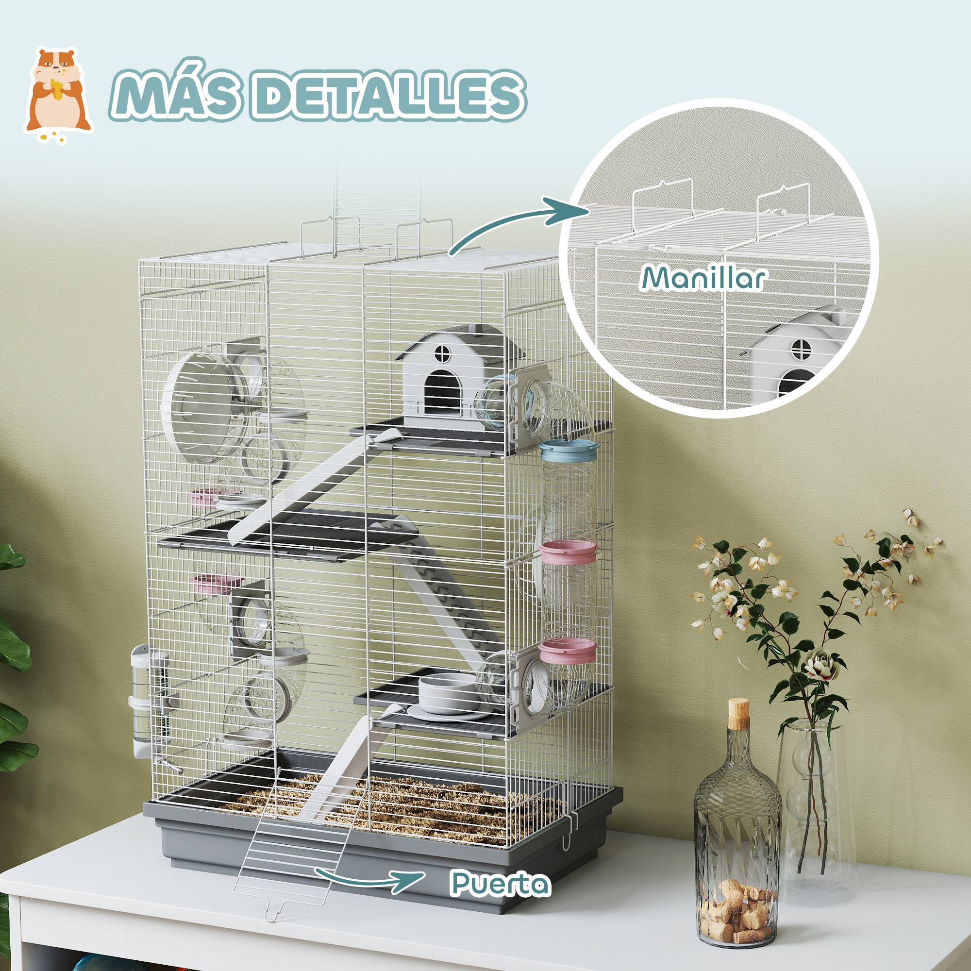 Cage pour hamster avec tunnel, plateformes, gamelle, biberon, maisonnette, rampes et roue d'exercice, 47 x 30 x 70 cm, grise - Image 9