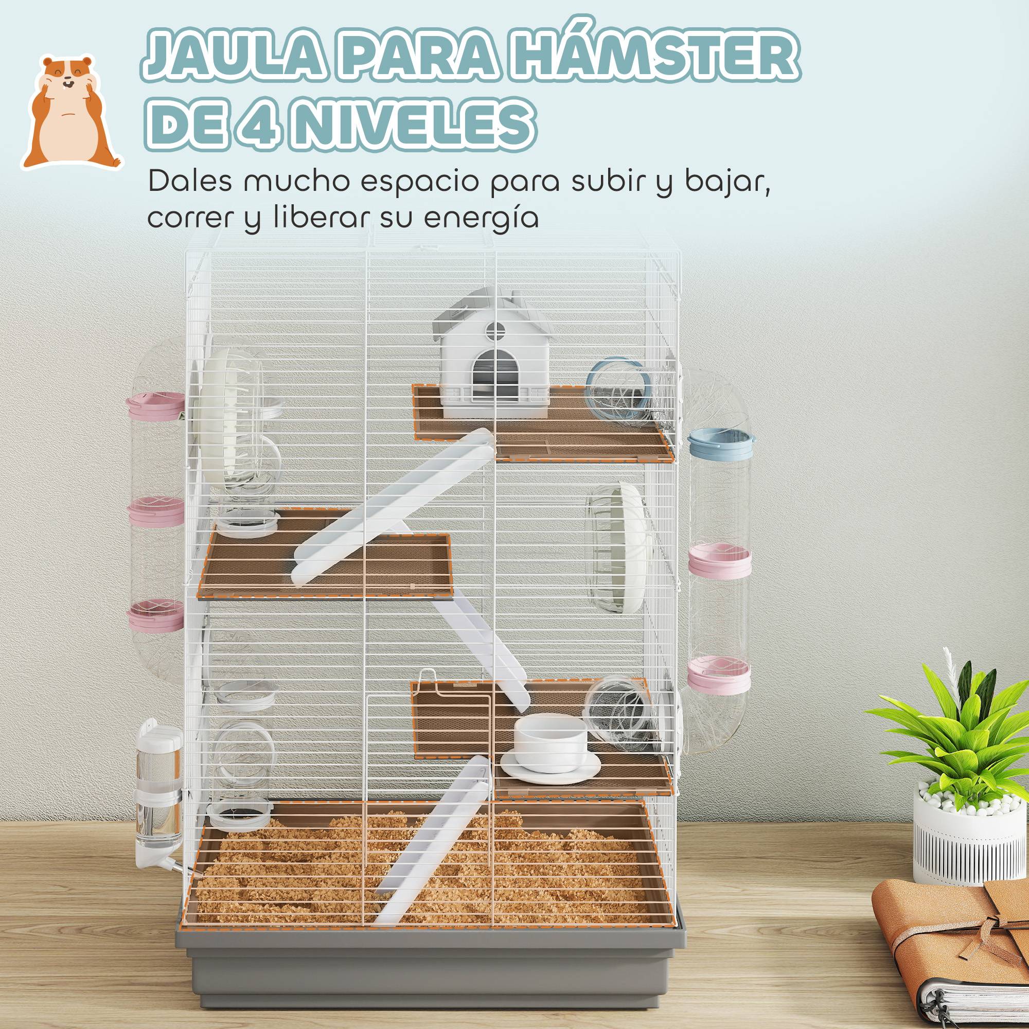 Cage pour hamster avec tunnel, plateformes, gamelle, biberon, maisonnette, rampes et roue d'exercice, 47 x 30 x 70 cm, grise - Image 7